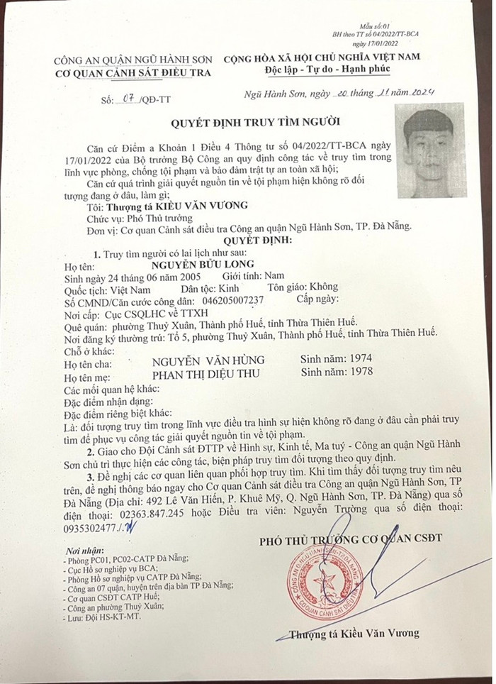 Quyết định truy tìm Nguyễn Bửu Long. Ảnh: CAĐN.