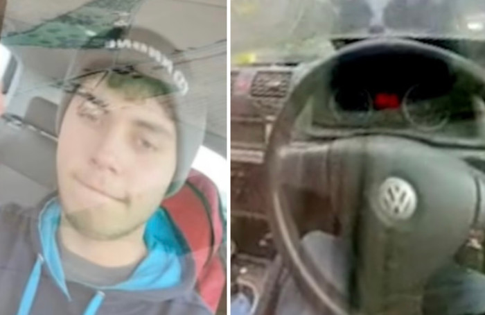 Nam thiếu niên dùng điện thoại quay chụp trong lúc dùng đầu gối lái xe. Ảnh: DailyMail.