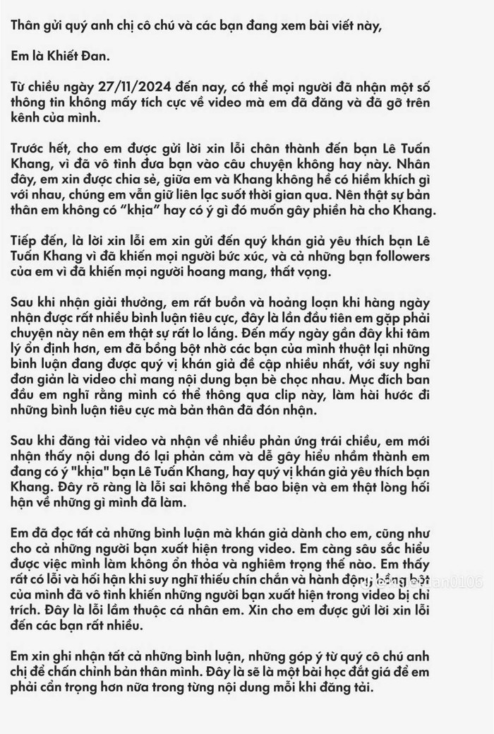 Tâm thư xin lỗi của Khiết Đan.