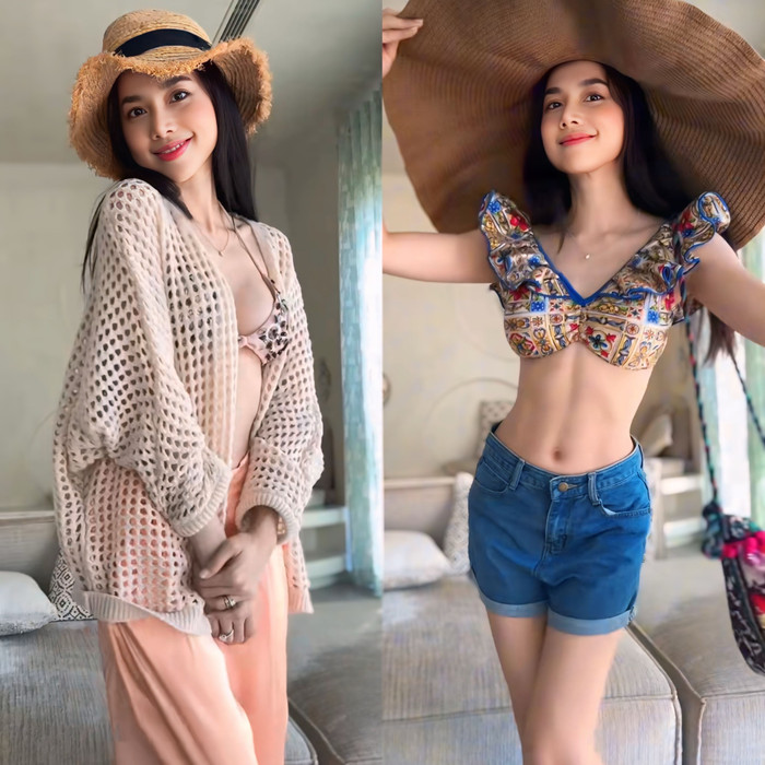 Nữ diễn viên 'Hoa Dã Quỳ' gợi ý phái đẹp nên chọn bra-top, bikini kết hợp với quần jeans ngắn hoặc quần dài lụa để tạo cảm giác năng động, thoải mái nhưng không kém phần gợi cảm khi du lịch cùng gia đình. 