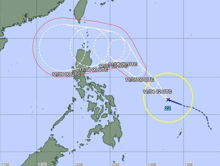 Dự báo đường đi của bão Yinxing do Cơ quan Khí tượng Nhật Bản công bố. Ảnh: Cơ quan Khí tượng Nhật Bản.