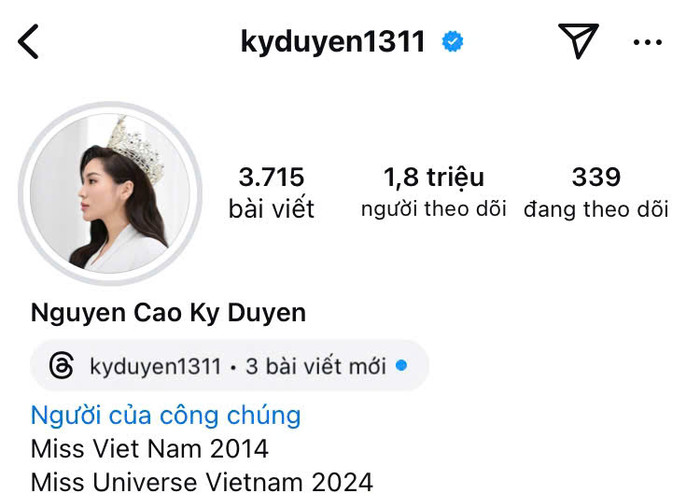 Hoa hậu Kỳ Duyên tăng nhẹ lượng follow, chạm mốc 1,8 triệu người theo dõi trên trang Instagram.