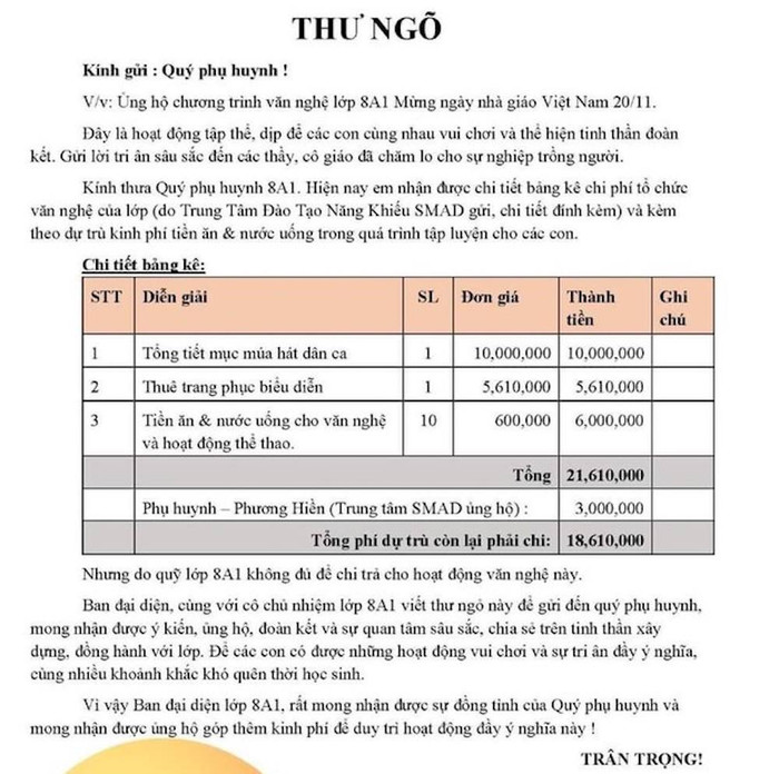 Bảng dự trù kinh phí cho tiết mục văn nghệ chào mừng 20/11 gây xôn xao mạng xã hội