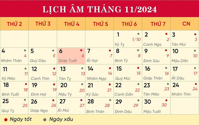 Lịch âm hôm nay 6/11/2024