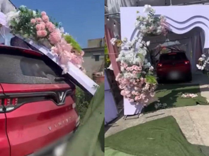 Khoảnh khắc ô tô đâm gãy rạp cưới nhà hàng xóm gây xôn xao.