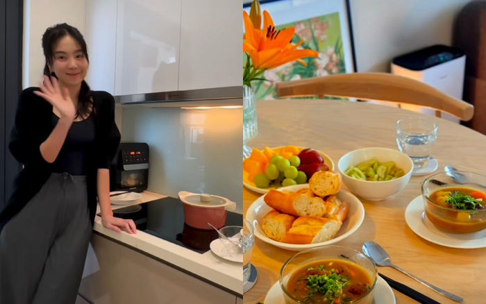 MC Mai Ngọc vui vẻ khoe căn bếp gọn gàng, sạch sẽ và khả năng chế biến những món ăn đẹp mắt. Ảnh: Chụp màn hình