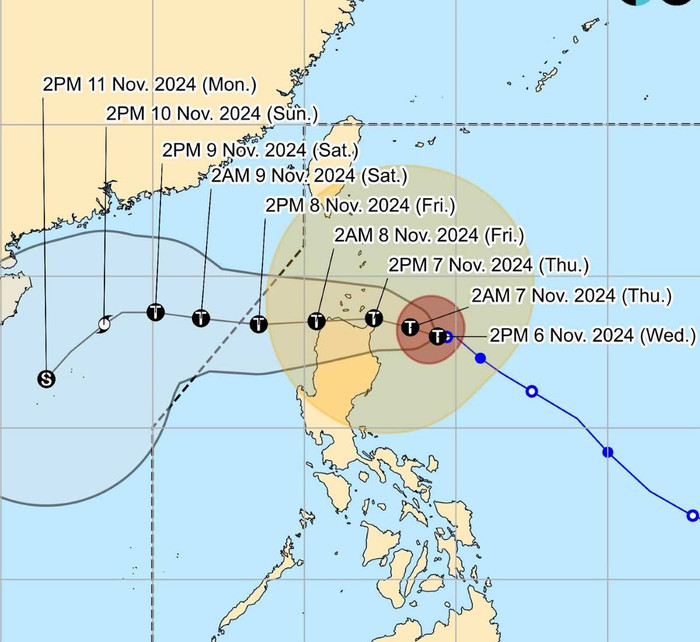 Hướng đi dự kiến của bão Yinxing. Ảnh: PAGASA.