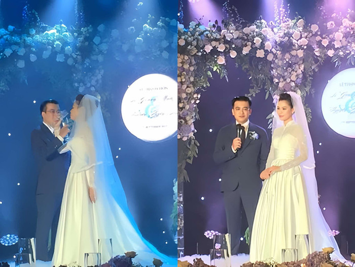 Khoảnh khắc hiếm hoi trong đám cưới của BTV Quang Minh và vợ vào năm 2017.