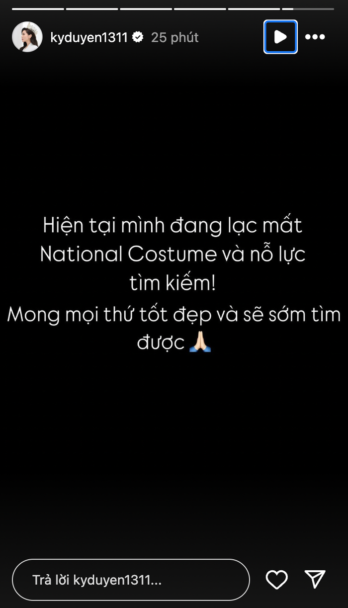 Hoa hậu Kỳ Duyên thông báo chuyện bị thất lạc trang phục dân tộc.