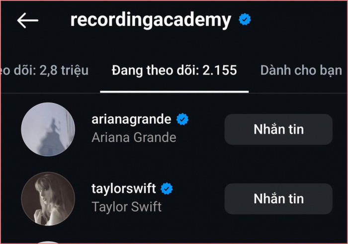 Trong khi đó, phía GRAMMY vẫn ấn nút theo dõi tài khoản Instagram của nữ ca sĩ.
