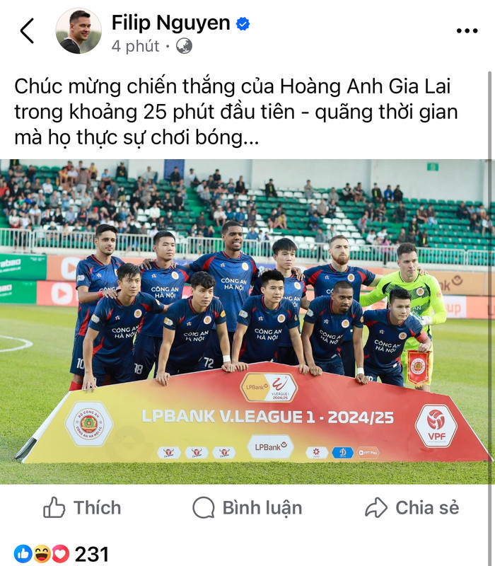 Sau trận thua HAGL 0-1, thủ môn Nguyễn Filip bất ngờ đăng trạng thái khiến mạng xã hội dậy sóng. Ảnh chụp màn hình
