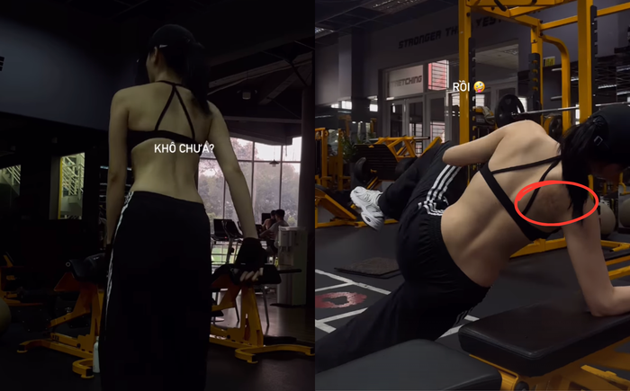 Diện đồ tập hở phần lưng, Hoa hậu Kỳ Duyên để lộ vết bớt khác màu phía bên góc lưng phải.