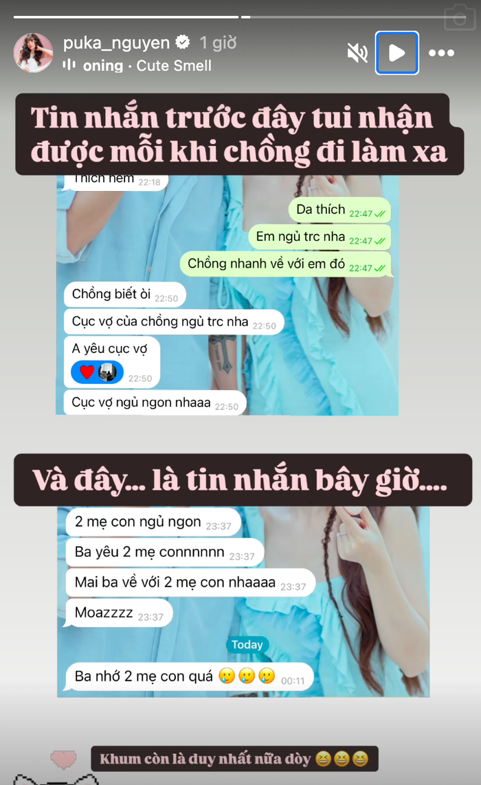 Puka chia sẻ hình ảnh tin nhắn so sánh về sự khác biệt của Gin Tuấn Kiệt trước và sau khi vợ có bầu. Ảnh: Instagram puka_nguyen