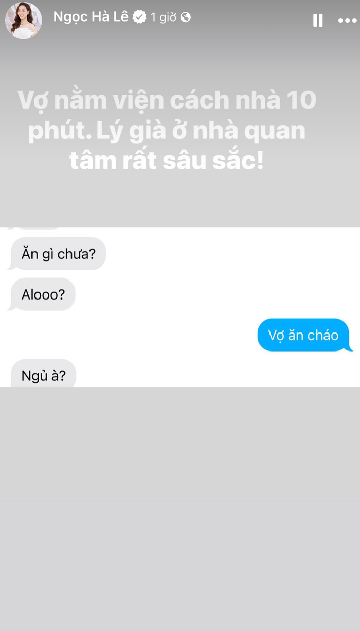 Ngọc Hà - vợ Công Lý chia sẻ màn hình tin nhắn được chồng động viên, hỏi thăm sau ca phẫu thuật, phải may 15 mũi. (Ảnh: FBNV)