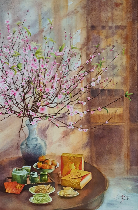  Bên cạnh đó, các bức tranh về hoa ban hay đào tết gợi lên cảm giác gần gũi, ấm áp, đồng thời thể hiện sự tôn vinh những giá trị truyền thống - (Tác phẩm: Xuân Hà Thành- Giang Lai).