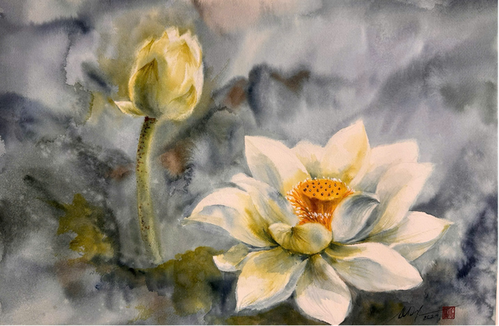 Hoa sen có lẽ là loài hoa được nhiều họa sĩ chọn lựa, không chỉ vì tính biểu tượng của nó trong văn hóa Việt Nam mà còn vì khả năng truyền tải thông điệp thanh tao và sự tái sinh - (Tác phẩm: Sắc Hương - Kim Dung)