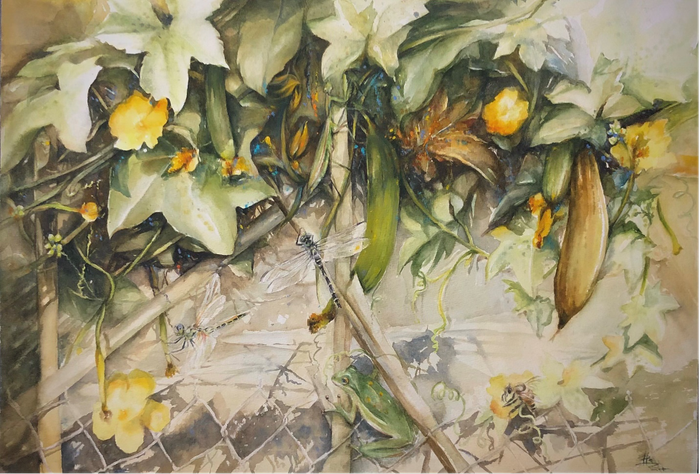 Qua mỗi bức tranh, sự kết hợp hài hòa giữa hoa và con người đã tạo nên một bản giao hưởng nghệ thuật đầy cảm xúc, để lại dấu ấn khó quên trong lòng người xem - (Tác phẩm: Trong Vườn Nhỏ/ Vũ Thị Mai Hoa).