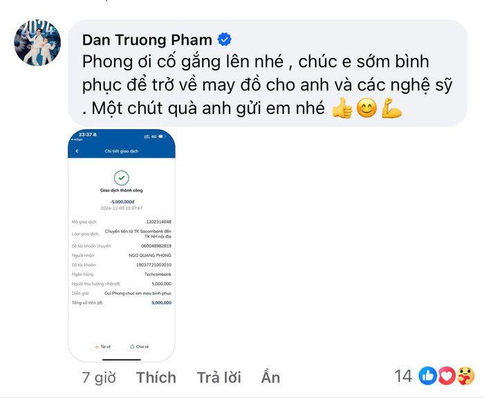 Nam Phong xúc động, biết ơn khi ca sĩ Đan Trường hỗ trợ 5 triệu giữa lúc ngặt nghèo. (Ảnh FBNV)