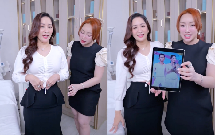 Khánh Thi tự tin khoe vòng eo lấp ló khi diện áo ngắn kèm theo chân váy trong buổi trò chuyện với vợ Chi Bảo. Ảnh: Chụp màn hình
