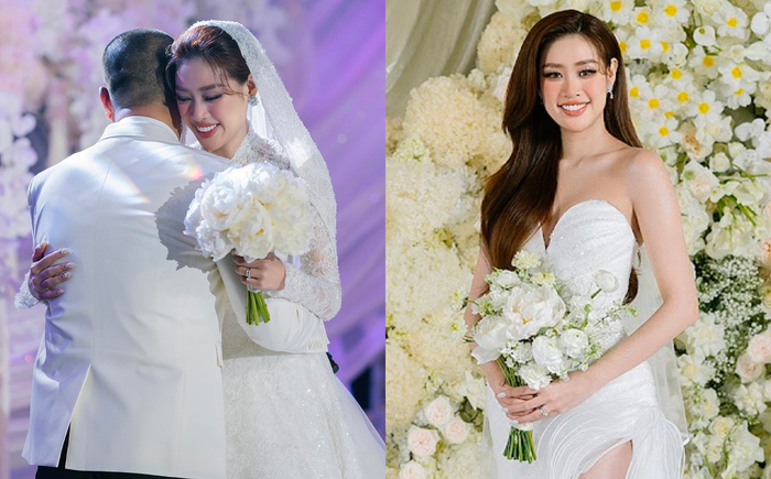 Hoa hậu Khánh Vân thay liên tục nhiều mẫu váy cưới lộng lẫy.