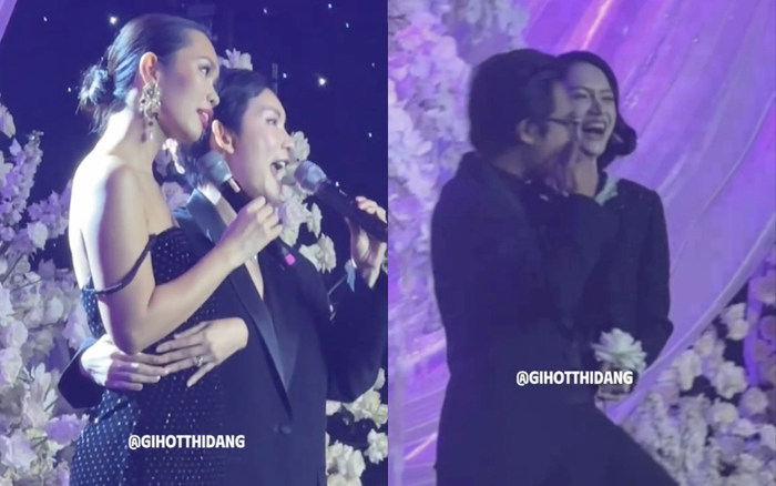 Việc Hà Anh - Xuân Lan 'tái hợp' trên sân khấu khiến Hương Giang cùng toàn bộ khách mời có mặt ở đám cưới của hoa hậu Khánh Vân được phen vỡ oà. Ảnh: Chụp màn hình từ TikTok gihotthidang