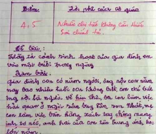 Bài văn với nhiều chi tiết chưa sát với đề bài nên chỉ được chấm 4.5 điểm