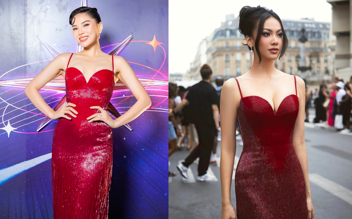 Hoa hậu Kỳ Duyên và Á hậu Kim Duyên 'đụng hàng' khi cùng diện mẫu váy 2 dây đỏ quyến rũ.