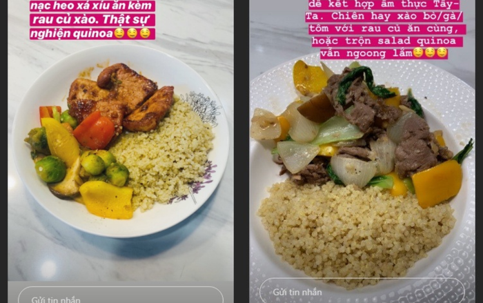 Tóc Tiên liên tục đăng tải các công thức kết hợp quinoa thay cho cơm trắng với nhiều món ăn như thịt heo hoặc bò để giảm cân. 