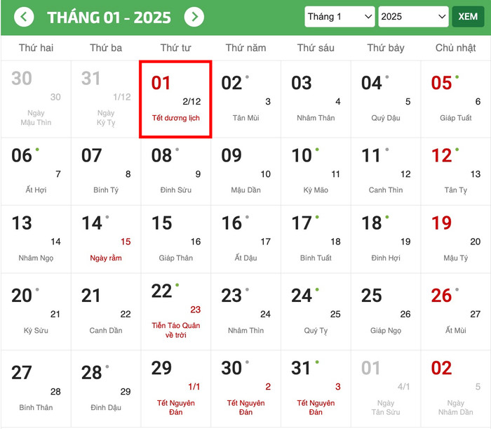 Lịch nghỉ Tết dương lịch.