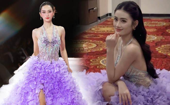 Hoa hậu Ý Nhi và Á hậu Vũ Thúy Quỳnh cùng diện mẫu váy tím ngọt ngào.
