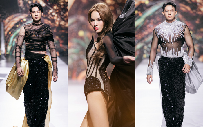 Bộ ba Hoa hậu Lê Hoàng Phương, Á vương Võ Minh Toại (trái) và Đinh Ta Bi (phải) và đã hóa thân thành những chòm sao lấp lánh trong sắc đen huyền bí khi kết màn, đem lại màn trình diễn sống động và mãn nhãn.