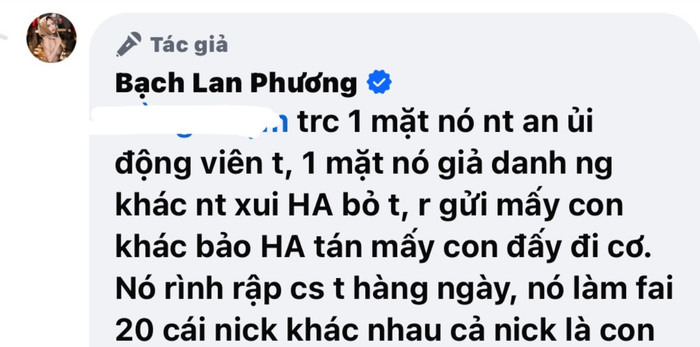 Bạch Lan Phương đáp trả anti fan. Ảnh: Chụp màn hình
