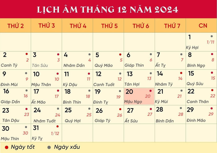 Lịch âm hôm nay 20/12/2024.