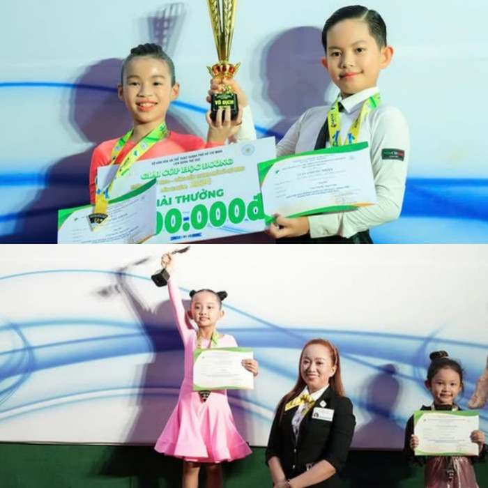 Hai con Khánh Thi đều đạt giải nhất trong cuộc thi dancesport.