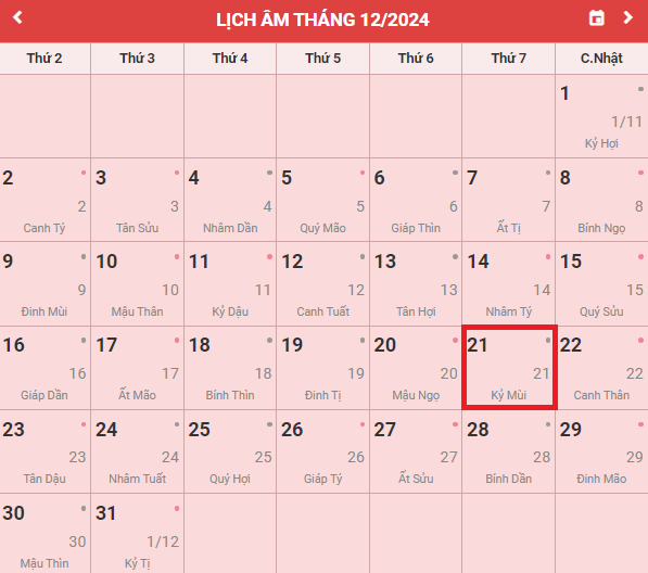 Lịch âm hôm nay 21/12/2024.