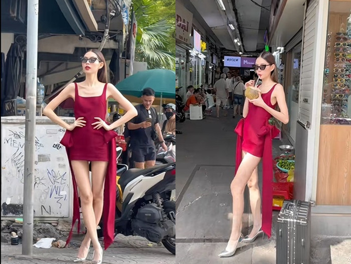 Tyhd Thùy Dương 'biến hình' sau khi cởi bỏ áo choàng tắm. (Ảnh chụp màn hình từ TikTok Tyhd Thùy Dương)