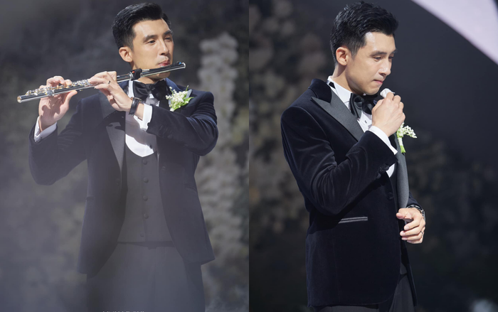 Thiếu gia Minh Đạt thổi sáo, không giấu nỗi sự xúc động trong lễ cưới với Midu. (Ảnh: FBNV)