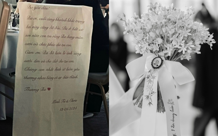 Minh Tú gây xúc động khi dành vị trí đặc biệt cho bố cùng bó hoa cưới có di ảnh của người bố quá cố. (Ảnh: FBNV)
