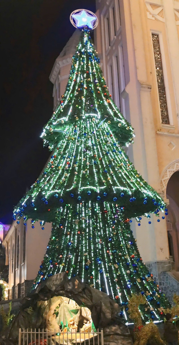 Cây thông Noel cao gần 4m được thiết trí lung linh ở Nhà thờ Con gà. Ảnh: Trọng Nghĩa.