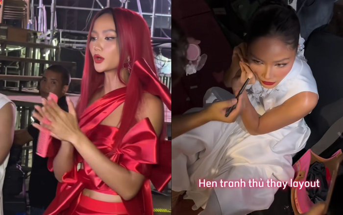 H'Hen Niê trước đó đã biểu diễn trong một show thời trang với trang phục đỏ rực. Lúc sau cô thay vội chiếc váy trắng để đi sự kiện thứ hai. Ảnh: FBNV
