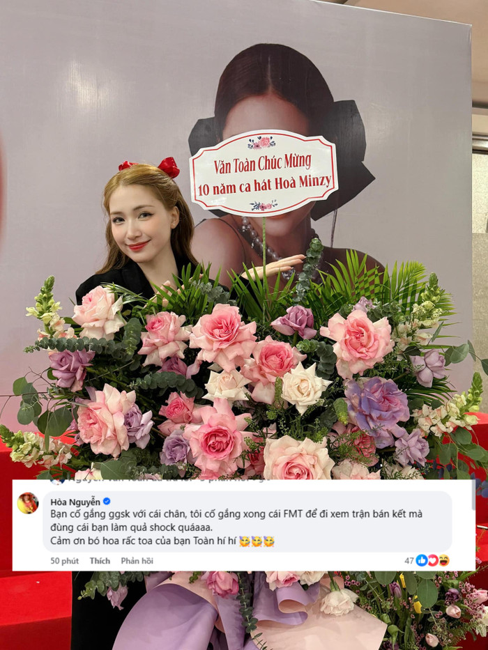 Hòa Minzy phản hồi về lời chúc và món quà của Văn Toàn. Ảnh chụp màn hình. 