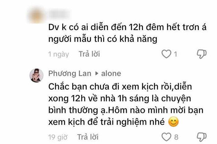 Phương Lan trần tình về chuyện đi diễn về muộn. (Ảnh chụp màn hình)