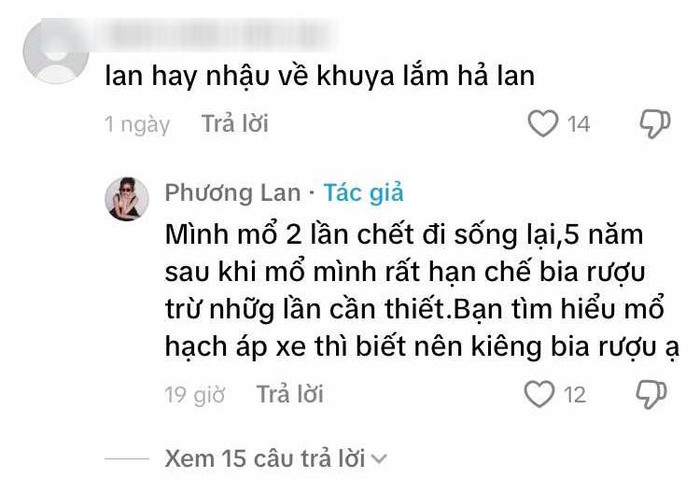 Phương Lan cho biết bản thân trải qua phẫu thuật nên kiêng bia rượu. (Ảnh chụp màn hình)