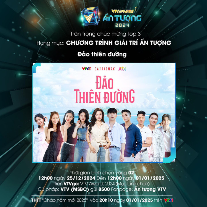 Đảo Thiên Đường lọt Top 3 đề cử ở hạng mục 'Chương trình giải trí ấn tượng' của giải thưởng VTV Awards 2024. 