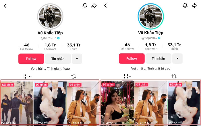 Vũ Khắc Tiệp ghim nhiều đoạn clip kỉ niệm với Ngọc Trinh trên trang cá nhân. Nhưng ới đây nhất, 'ông bầu' bị phát hiện đã bỏ ghim 1 video hơn 20 triệu với Ngọc Trinh. (Ảnh: Chụp màn hình TikTok nhân vật)