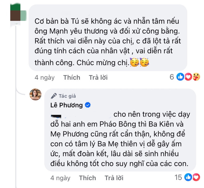 Lê Phương nhận được nhiều lượt 'thả tim' khi bày tỏ quan điểm về chuyện dạy con. Ảnh: FBNV