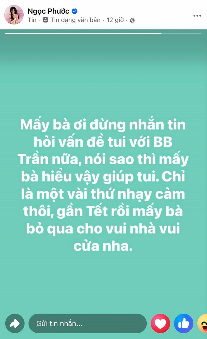Nữ diễn viên tiếp tục đăng đàn, tiết lộ 'chỉ là một vài thứ nhạy cảm' khi nhiều người liên tục tò mò về chuyện đang xảy ra giữa Ngọc Phước và BB Trần. (Ảnh FBNV)