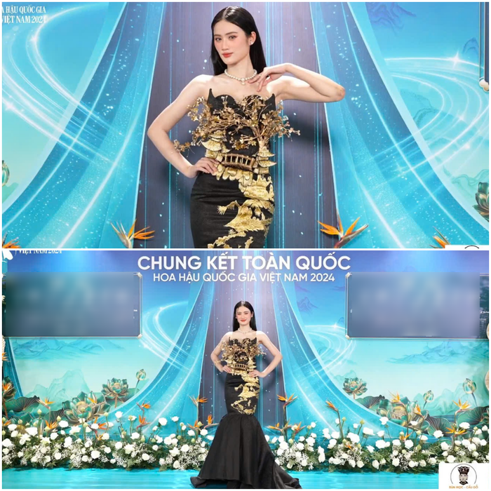 Hoa hậu Ý Nhi khoác lên mình chiếc đầm đuôi cá sang trọng, vừa tôn dáng vừa gợi lên tinh thần truyền thống Việt Nam. Với tông màu đen phối vàng kim, bộ trang phục không chỉ làm nổi bật nét thanh lịch mà còn mang đến sự tương phản đầy quý phái. Điểm nhấn chuỗi ngọc trai đính kèm càng làm tăng thêm vẻ cổ điển mà vẫn hiện đại của Ý Nhi. Bộ cánh không chỉ tôn vinh vẻ đẹp của người mặc mà còn truyền tải thông điệp về giá trị văn hóa Việt.