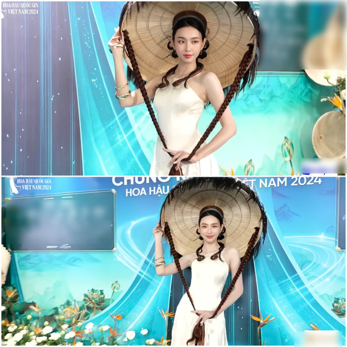 Hoa hậu Thùy Tiên tỏa sáng với vẻ đẹp dịu dàng và thanh thoát trong chiếc váy lụa trắng nhẹ nhàng, kết hợp phong cách truyền thống và hiện đại. Điểm nhấn là chiếc nón quai thao lớn cùng hai bím tóc dài, tạo hình ảnh đậm chất văn hóa Việt. Kiểu tóc búi gọn, tóc xoăn nhẹ, cùng trang sức tinh tế và tông son đỏ giúp cô thêm rạng rỡ. Tổng thể, Thùy Tiên toát lên vẻ duyên dáng, tinh tế và đầy sức sống.