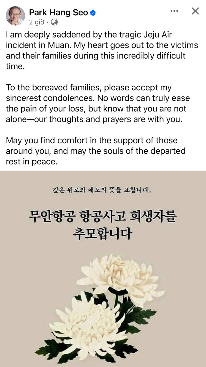 HLV Park Hang Seo đau buồn chia sẻ nỗi đau về thảm kịch máy bay vừa xảy ra tại sân bay quốc tế Muan, Hàn Quốc. Ảnh chụp màn hình